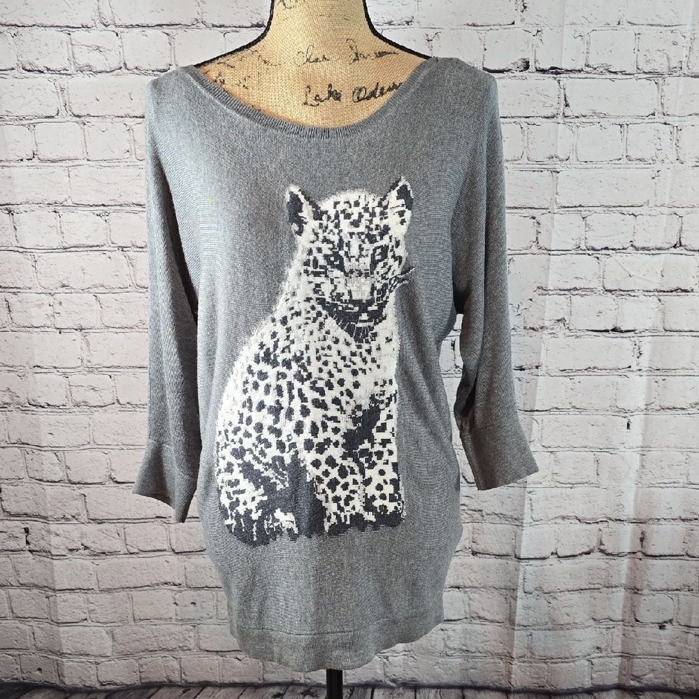 White House Black Market Gray Leopard Print Sweater Top